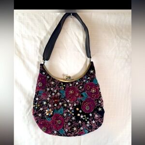 Womens Boho Purple Black Flower Velvet Beaded Gold  Shoulder Handbag Dress Purse